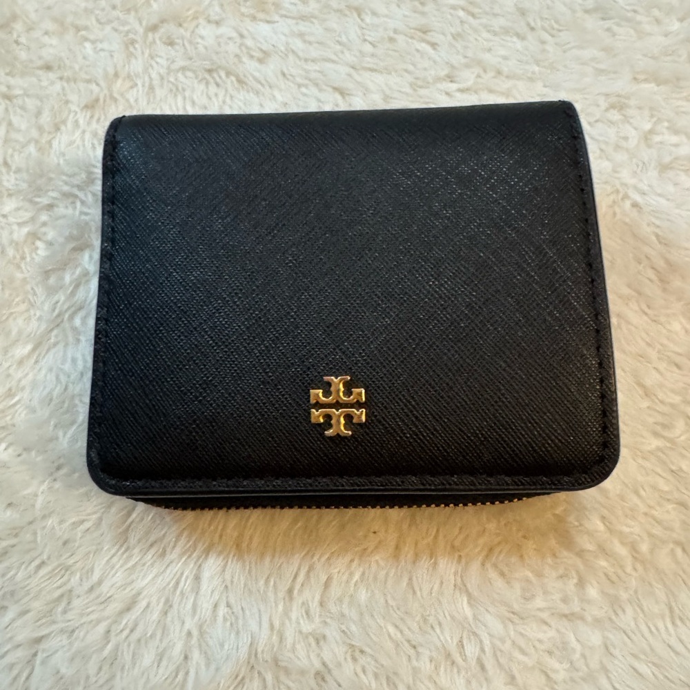 Tory Burch Black Leather Wallet with Gold Logo